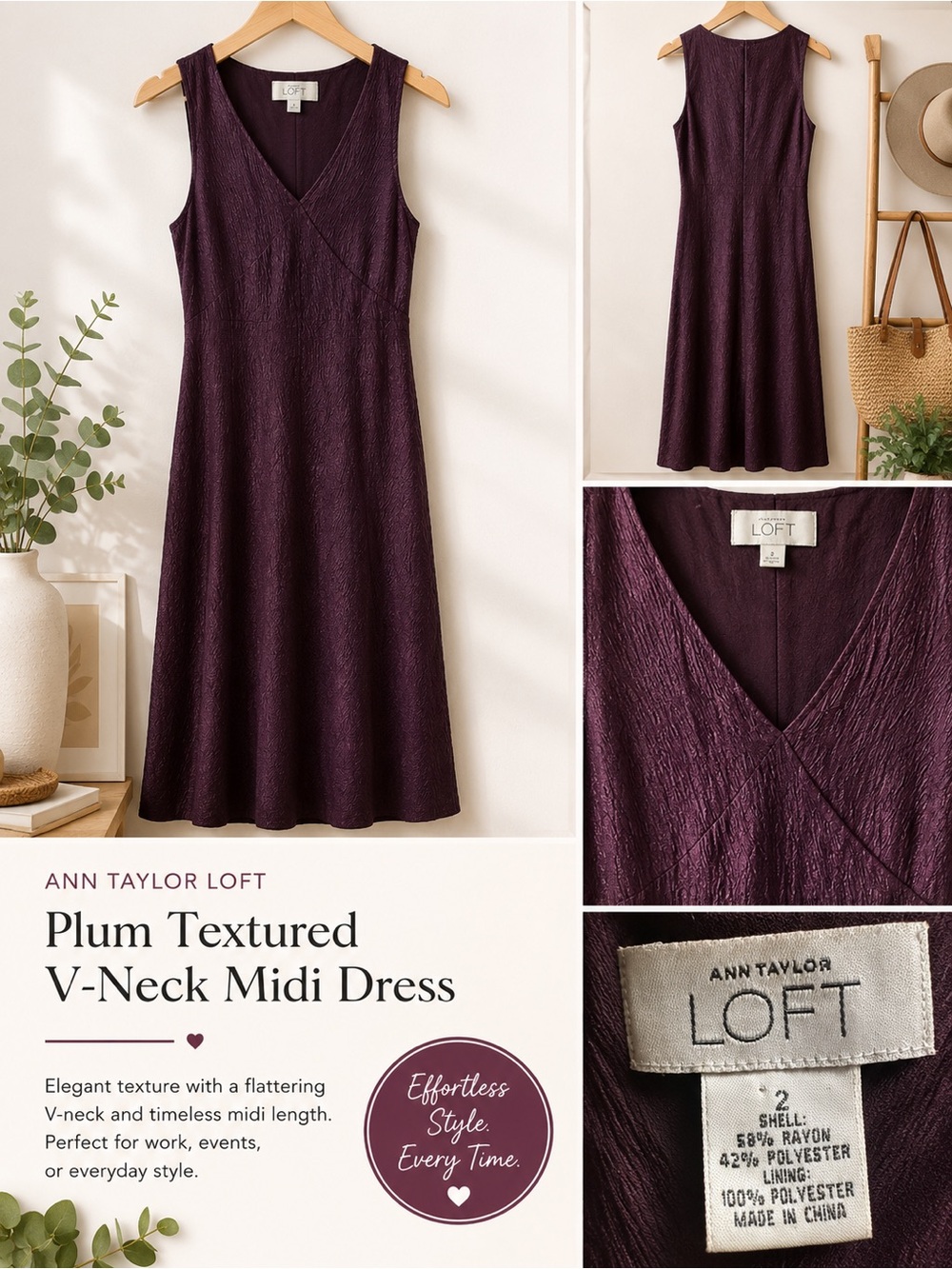Ann Taylor Plum Textured V-Neck Midi Dress